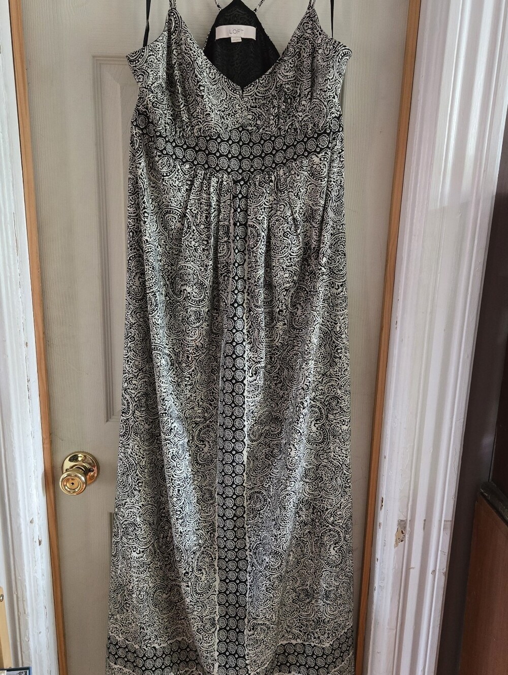 LOFT Black and White Paisley Spaghetti-Strap Maxi Dress